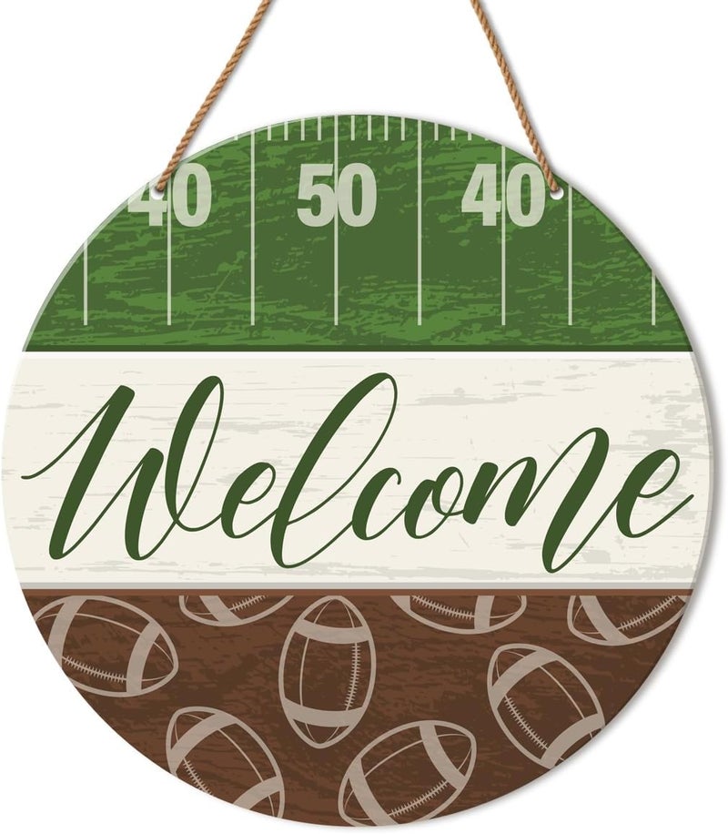 HSNBT Football Welcome Sign Front Door Decor Fall Football Decor for Home Office Boys Bedroom Porch Farmhouse Sport Football Wooden Hanging Sign Wall Decorations, Fall Family Football - Image 1
